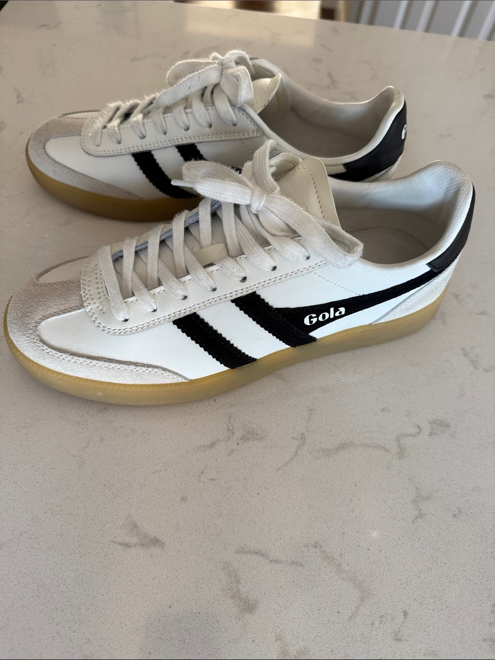Gola White Sneakers with Black Stripes and Gum Sole. Purchased from Evereve